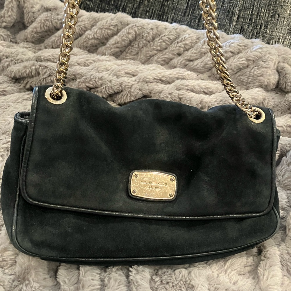 Michael Kors Black Suede Shoulder Bag with Gold Chain